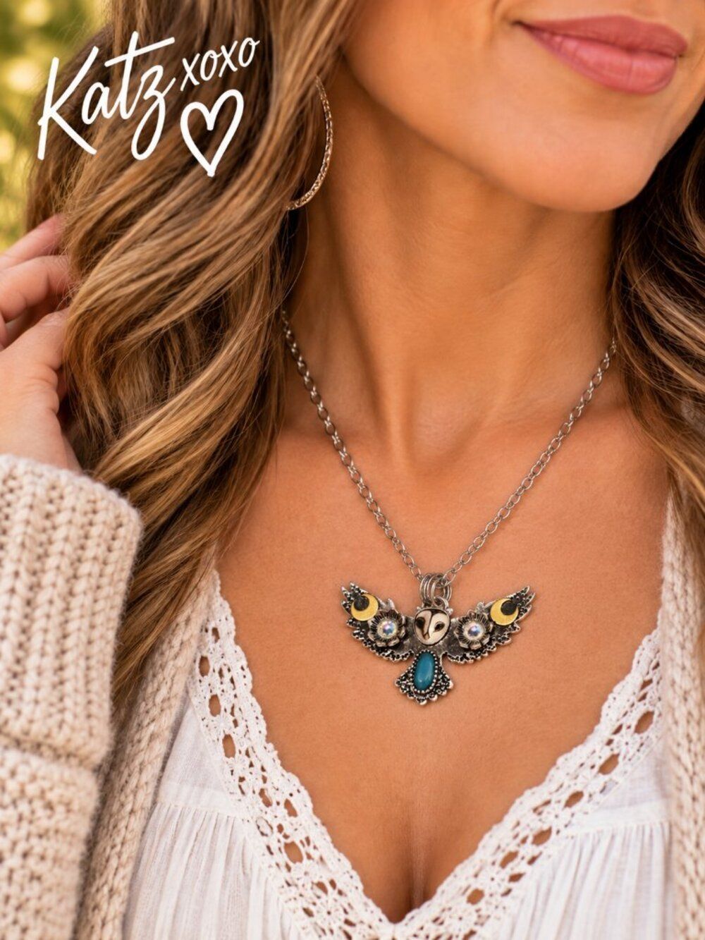 Owl Crescent Moon Necklace Turquoise Celestial Boho Crystal Artisan Pendant